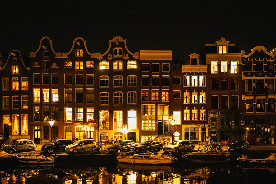 Amsterdam at night, canal houses